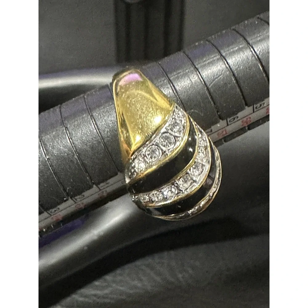 Black Enamel Clear Rhinestone Swirl Design Statement‎ Ring Gold Tone Sz 9 EDCO